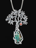 Primeval Forest Tree Pendant #21 with Turquoise and Fire Opal - Sterling Silver