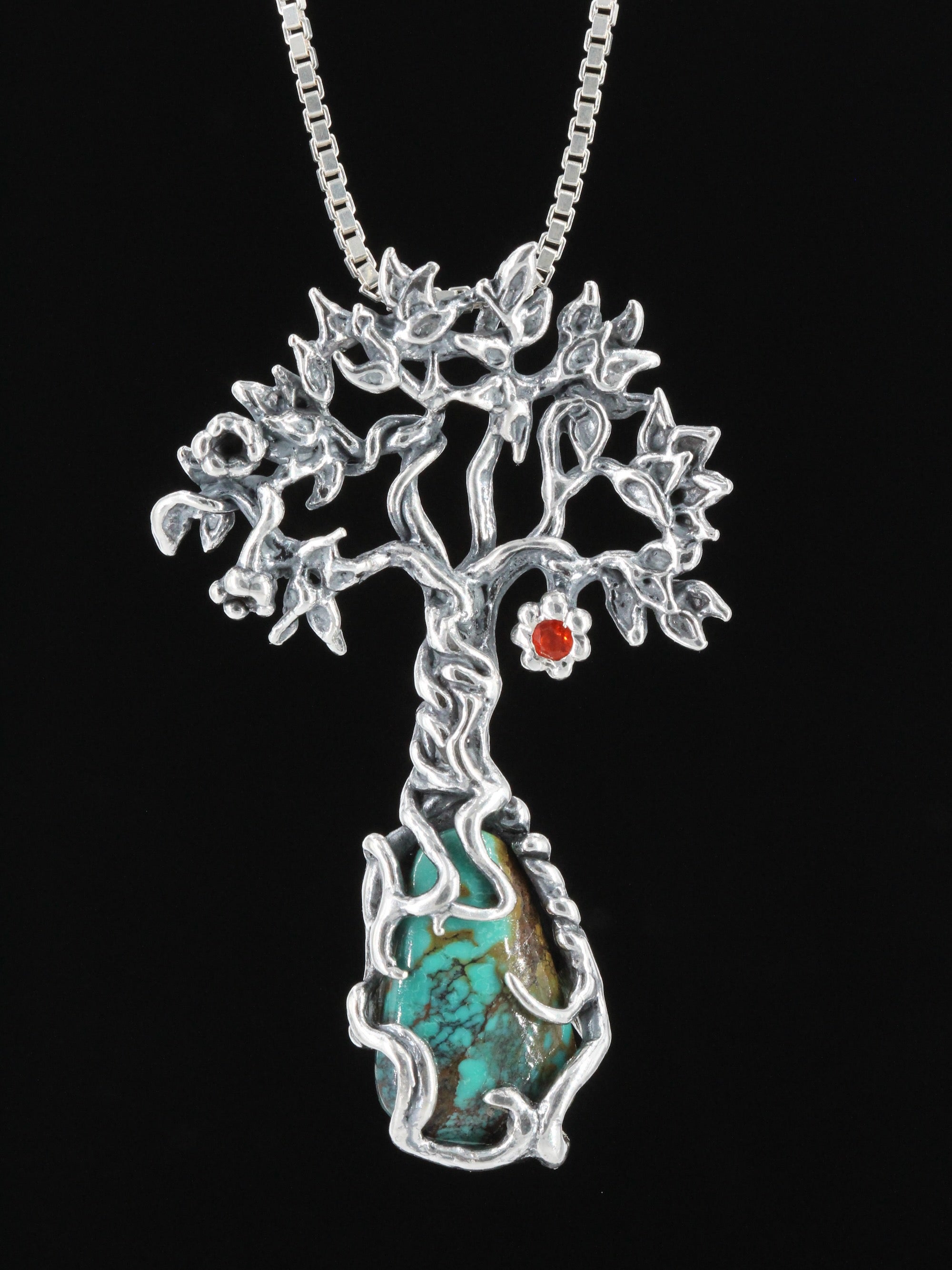 Primeval Forest Tree Pendant #21 with Turquoise and Fire Opal - Sterling Silver