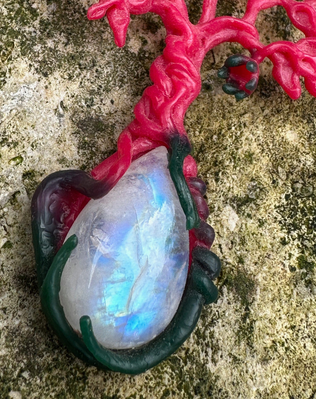 Original Wax Carving of Primeval Forest Tree Pendant #23 with Moonstone and Pink Tourmaline - Silver