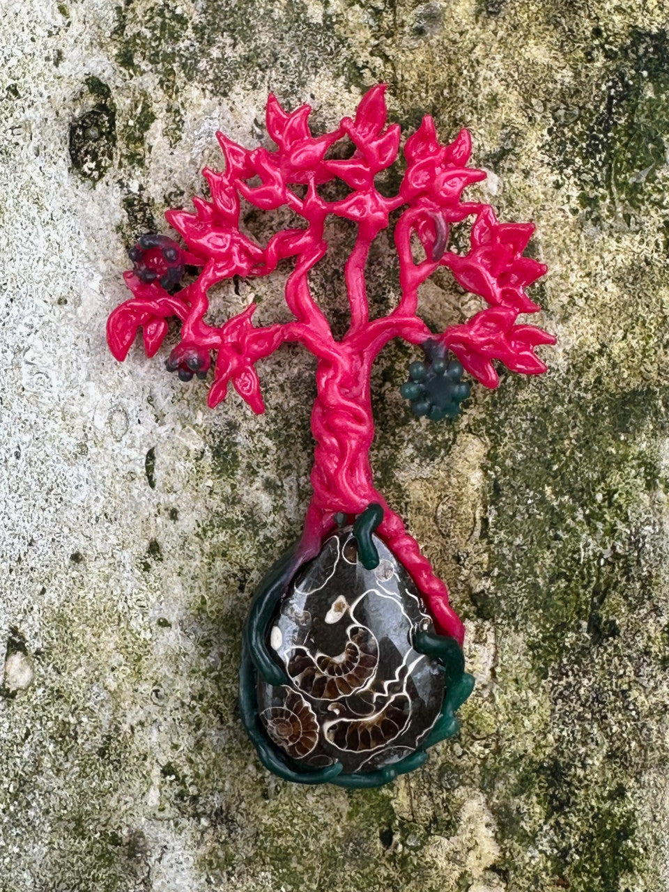 Original Wax Carving of Primeval Forest Tree Pendant #24 with Marston Marble Fossil and Mexican Fire Opal - Silver