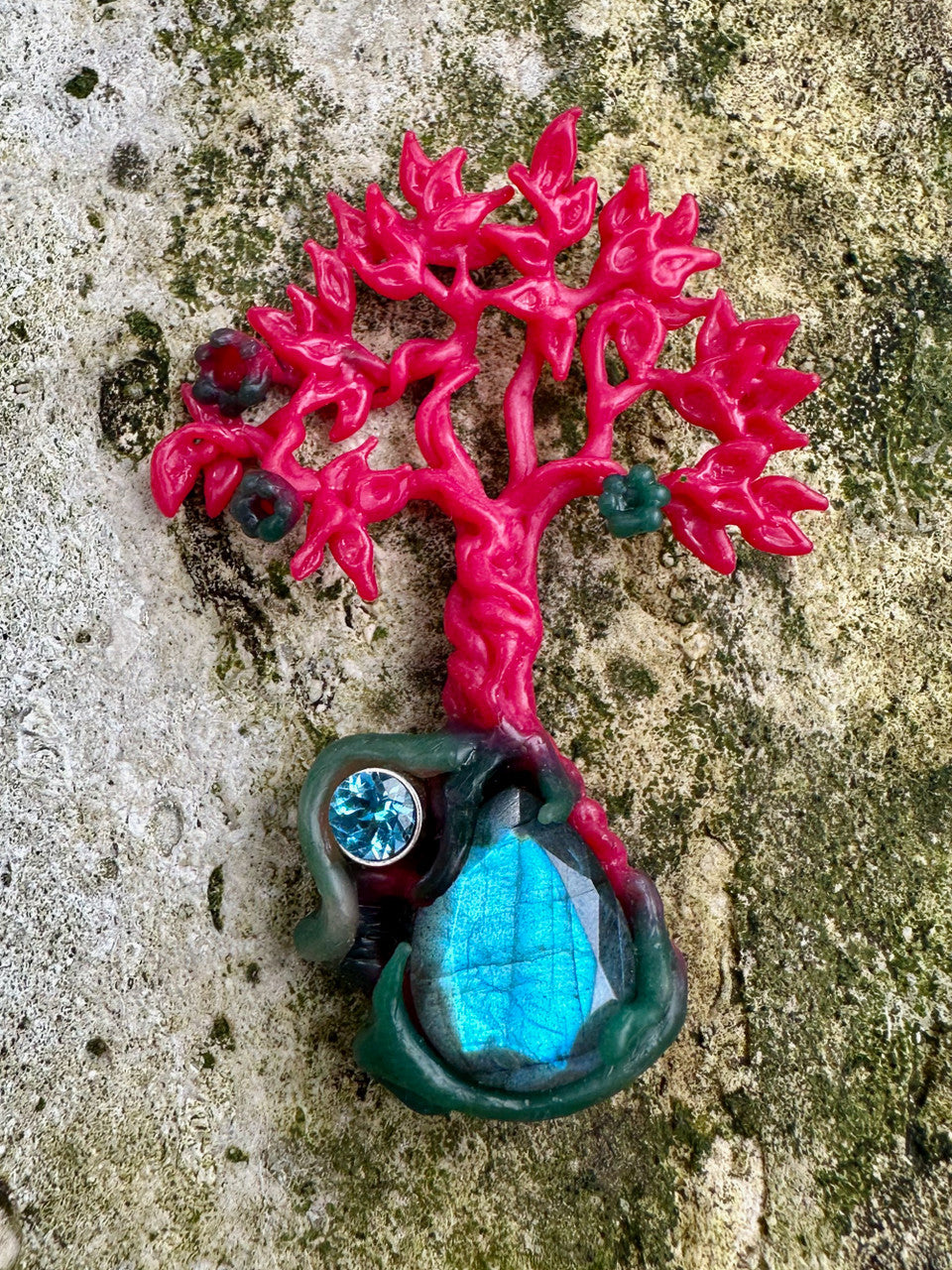 Original Wax Carving of Primeval Forest Tree Pendant #25 with Laborite and Blue Topaz - Silver