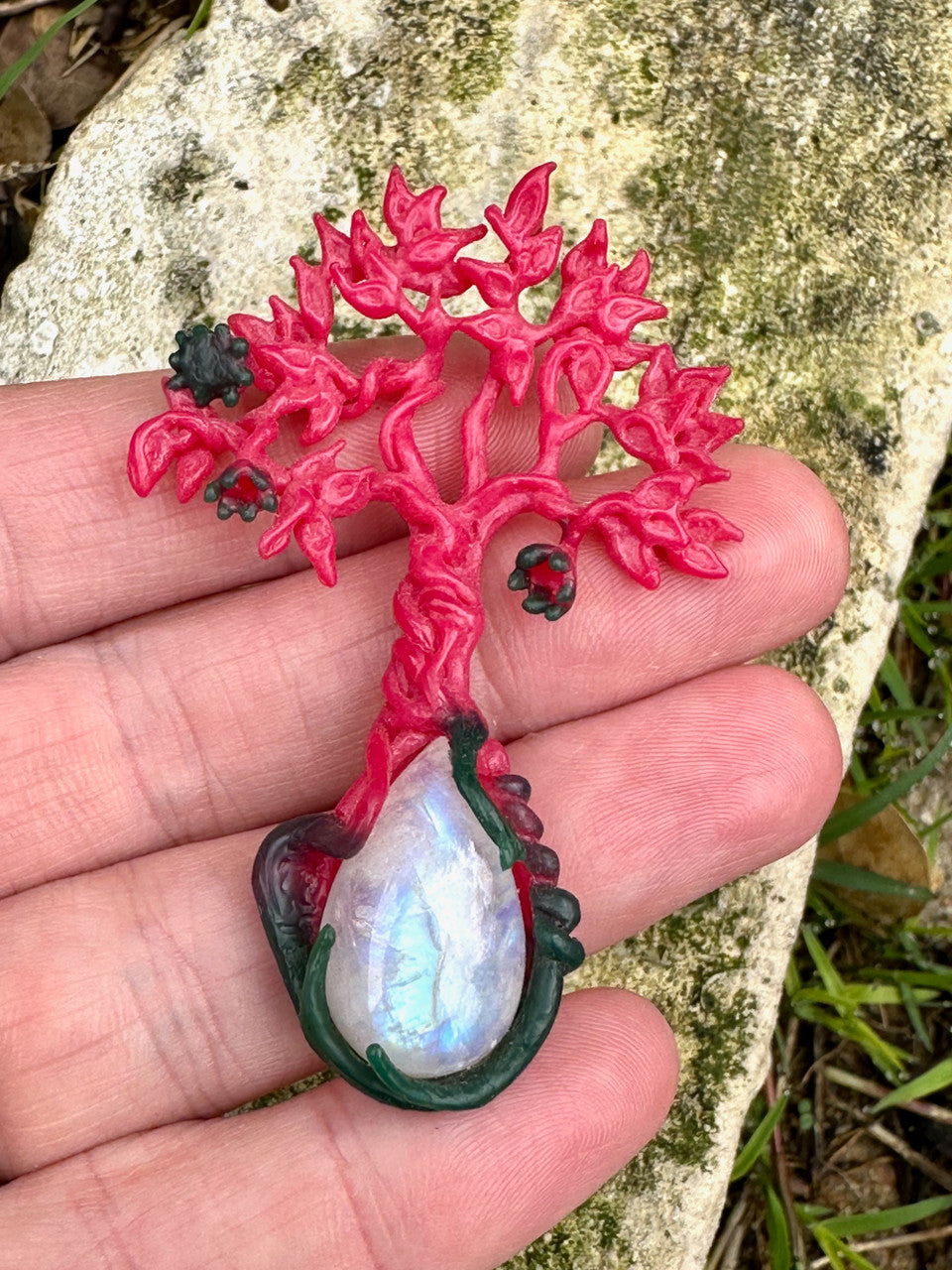 Original Wax Carving of Primeval Forest Tree Pendant #23 with Moonstone and Pink Tourmaline - Silver
