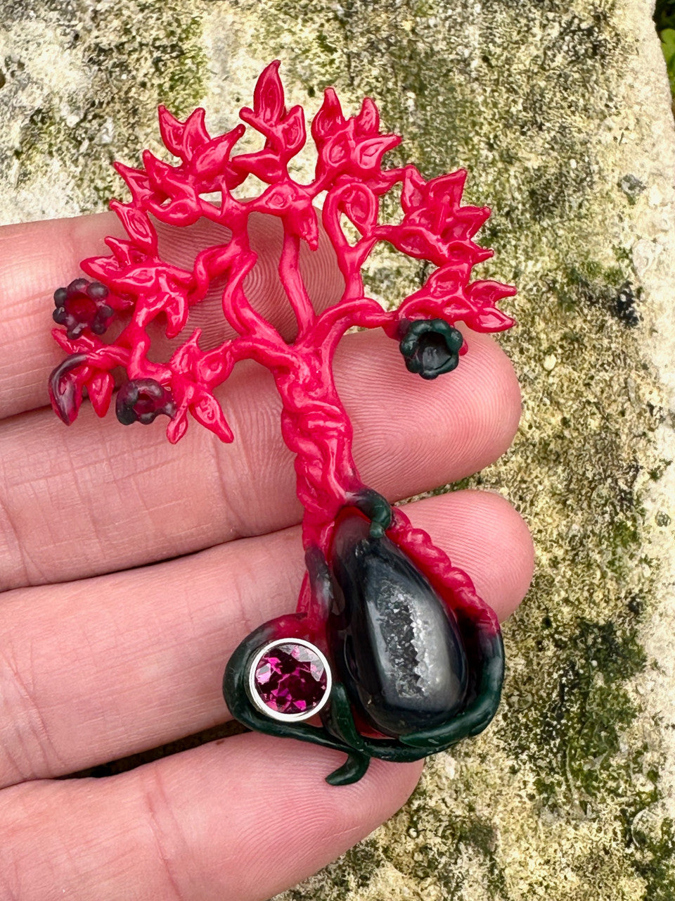 Original Wax Carving of Primeval Forest Tree Pendant #22 Black Druzy Quartz and Rhodolite Garnet - Silver