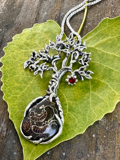 Primeval Forest Tree Pendant #24 with Marston Marble Fossil and Mexican Fire Opal - Sterling Silver