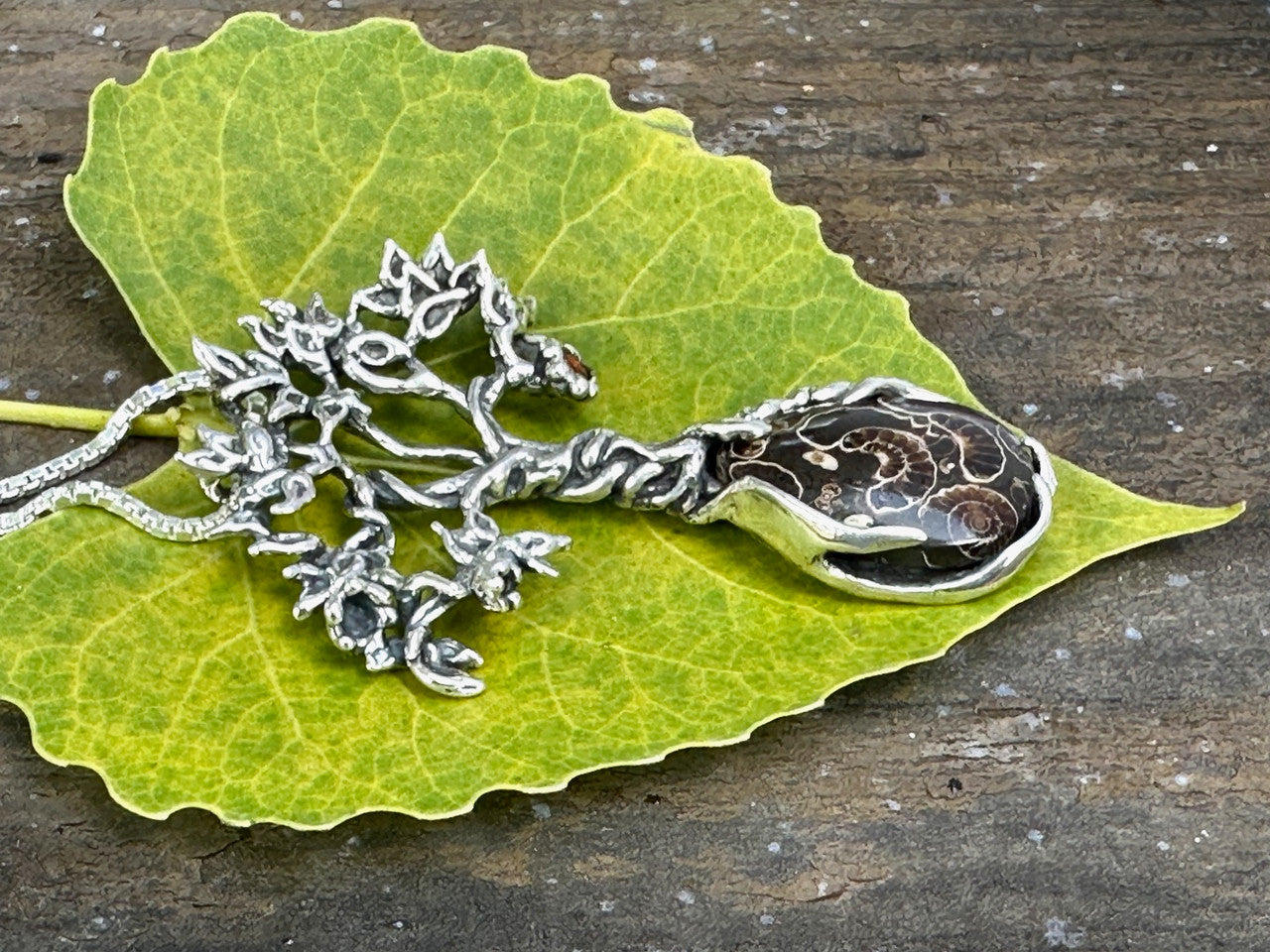 Primeval Forest Tree Pendant #24 with Marston Marble Fossil and Mexican Fire Opal - Silver