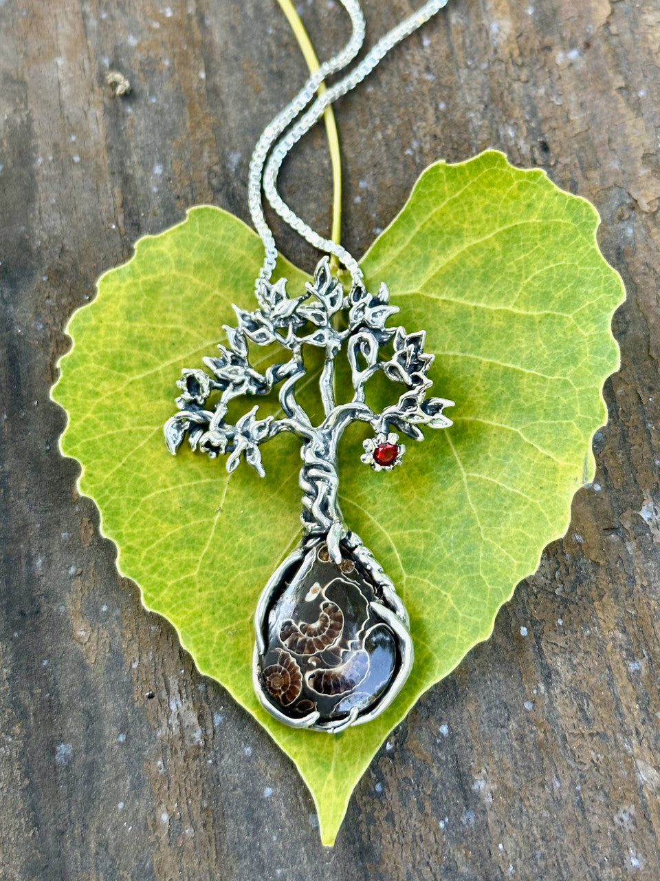 Primeval Forest Tree Pendant #24 with Marston Marble Fossil and Mexican Fire Opal - Silver