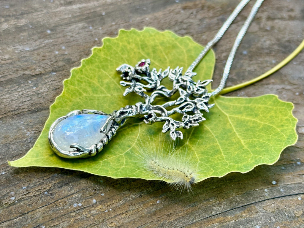 Primeval Forest Tree Pendant #23 with Moonstone and Pink Tourmaline - Silver