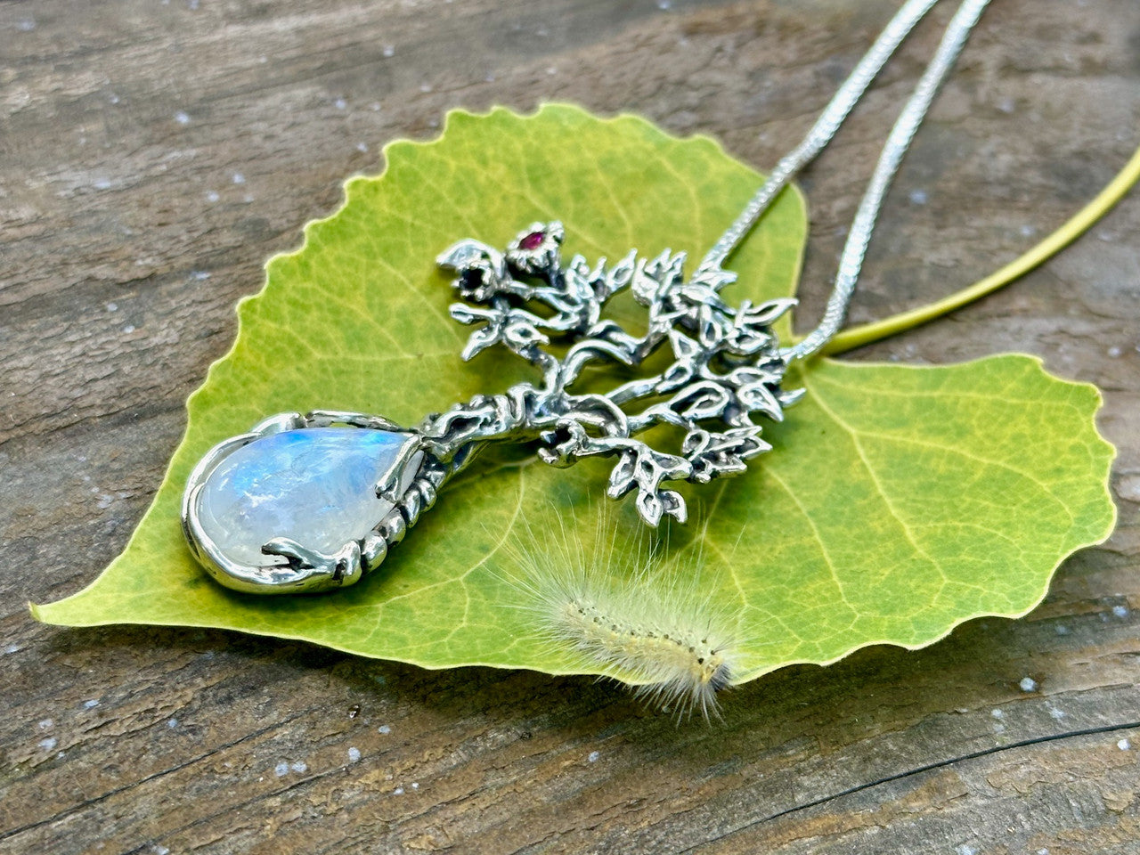 Primeval Forest Tree Pendant #23 with Moonstone and Pink Tourmaline - Silver