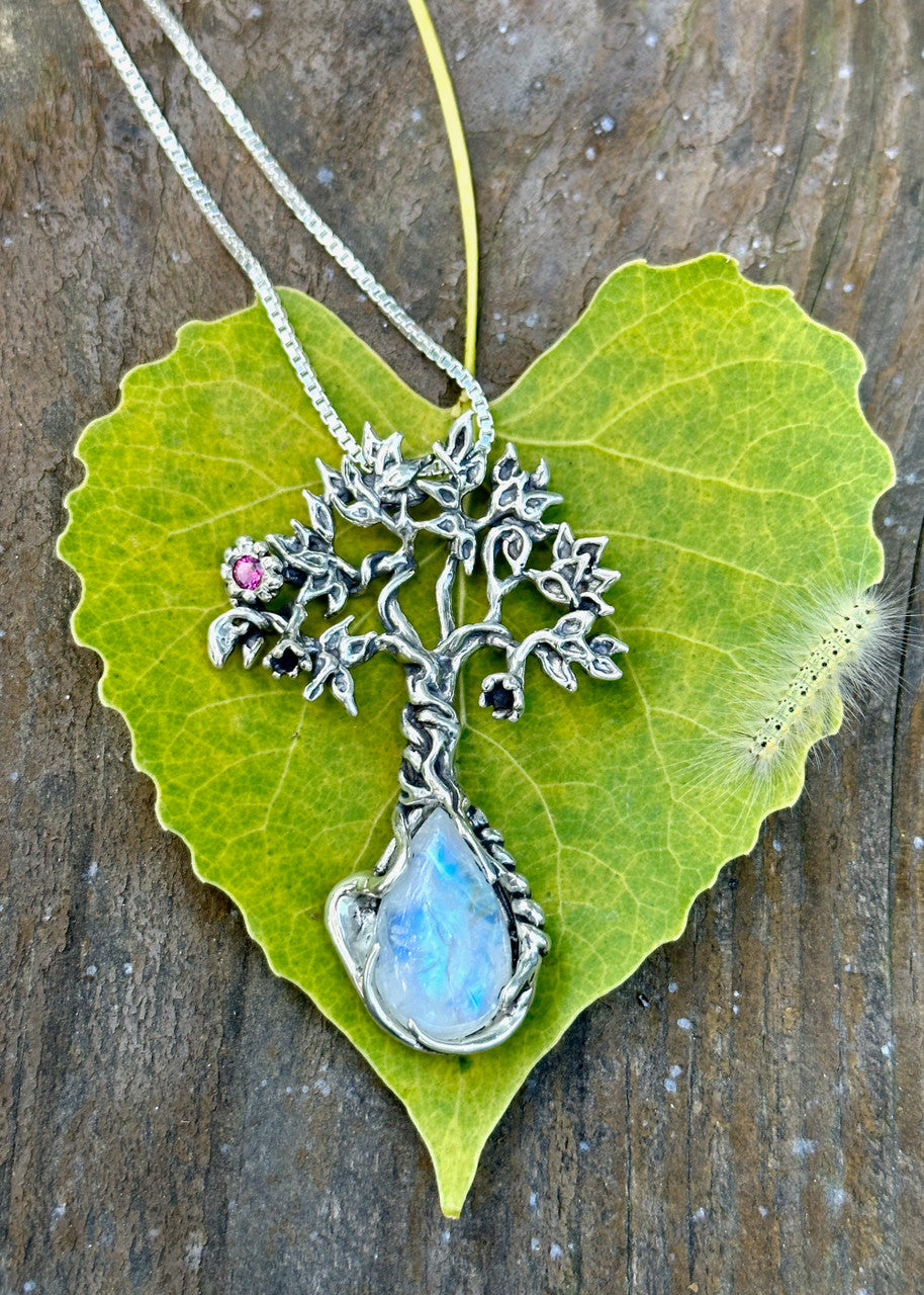 Primeval Forest Tree Pendant #23 with Moonstone and Pink Tourmaline - Silver