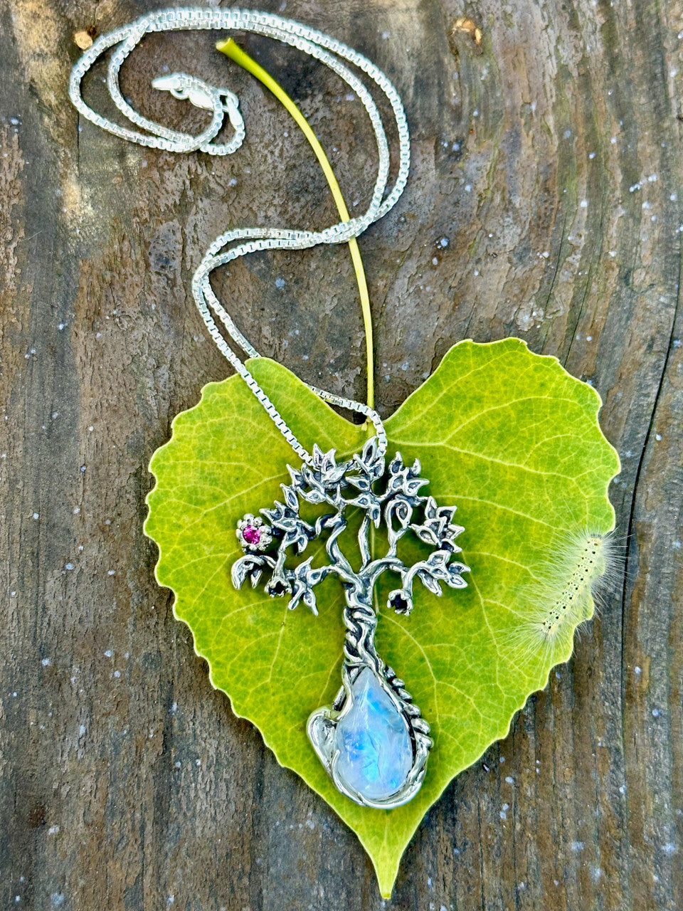 Primeval Forest Tree Pendant #23 with Moonstone and Pink Tourmaline - Silver