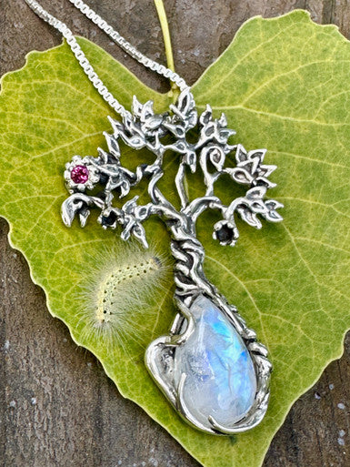 Primeval Forest Tree Pendant #23 with Moonstone and Pink Tourmaline - Silver