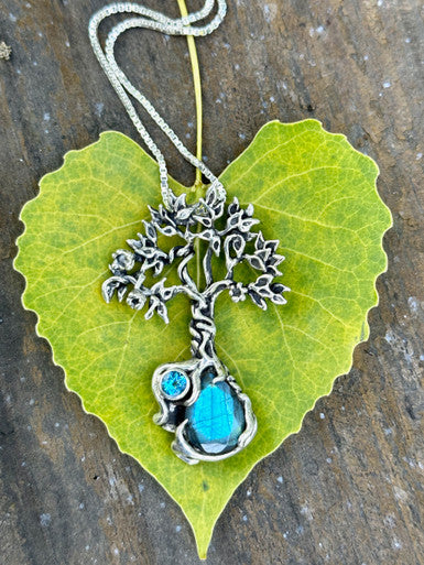 Primeval Forest Tree Pendant #25 with Laborite and Blue Topaz  - Silver