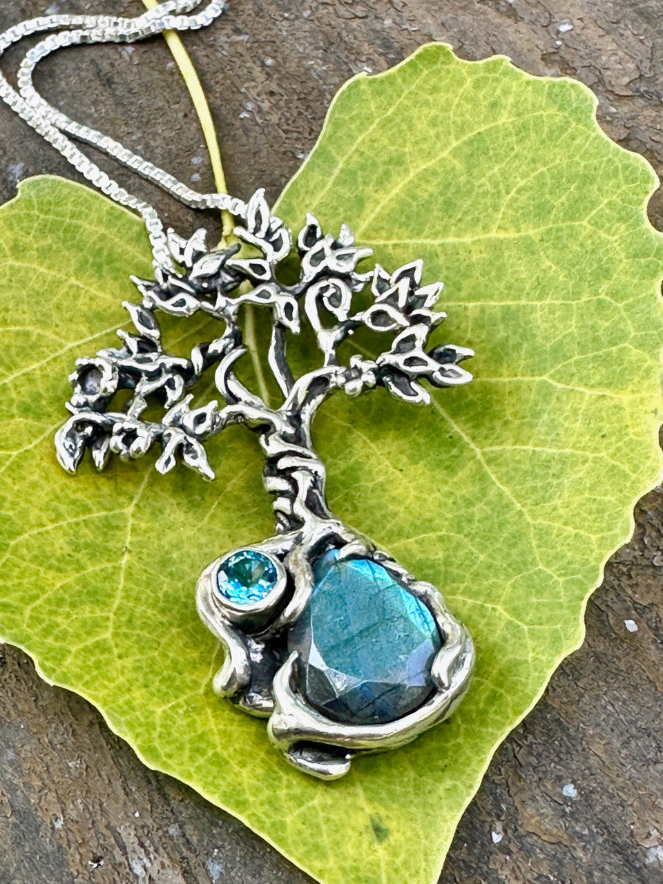 Primeval Forest Tree Pendant #25 with Laborite and Blue Topaz - Silver