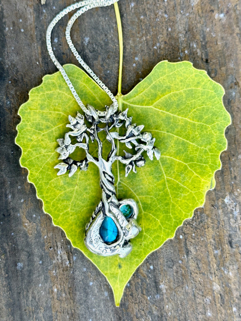 Primeval Forest Tree Pendant #25 with Laborite and Blue Topaz - Silver