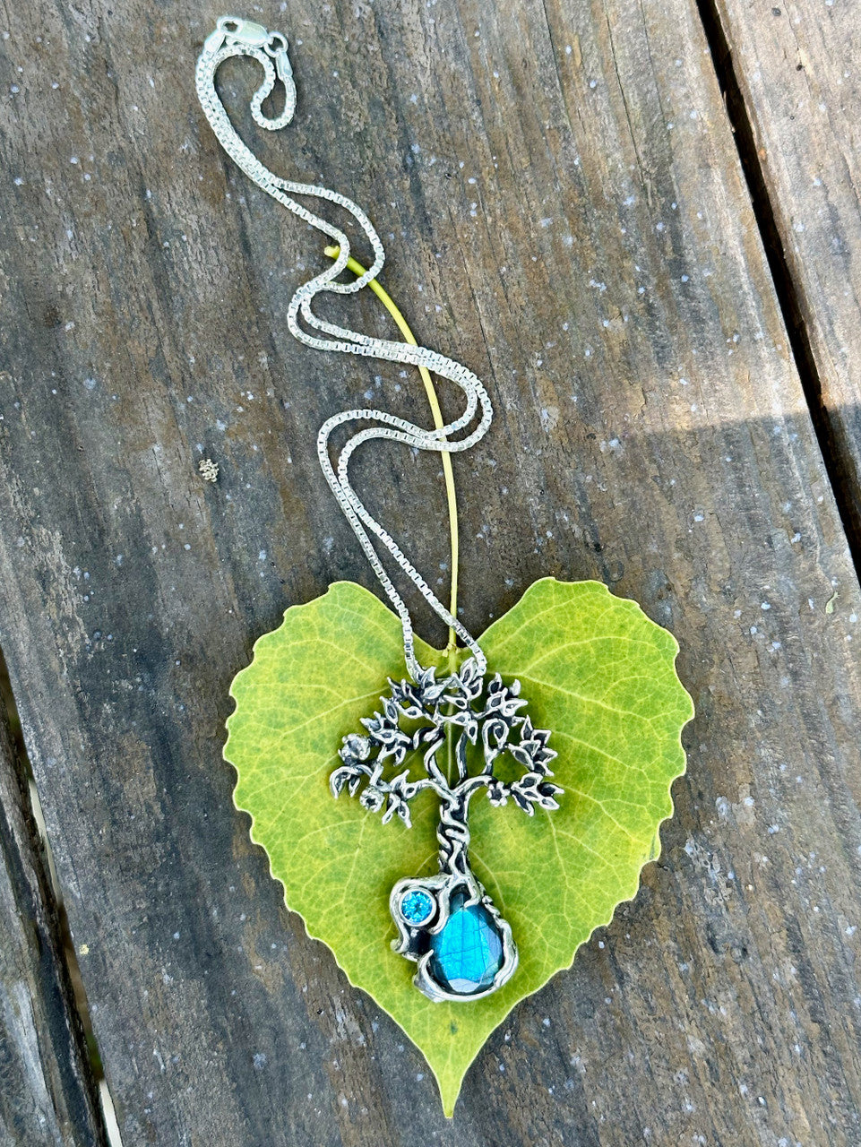 Primeval Forest Tree Pendant #25 with Laborite and Blue Topaz - Silver