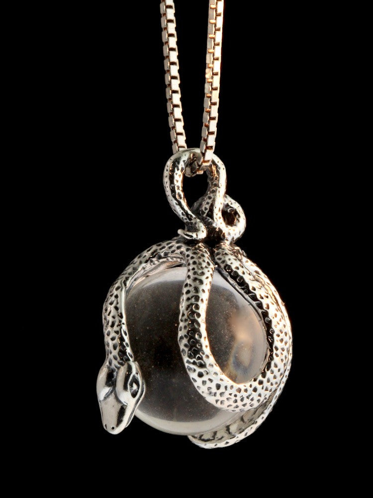 Python Snake Orb Pendant  with clear Quartz- Silver