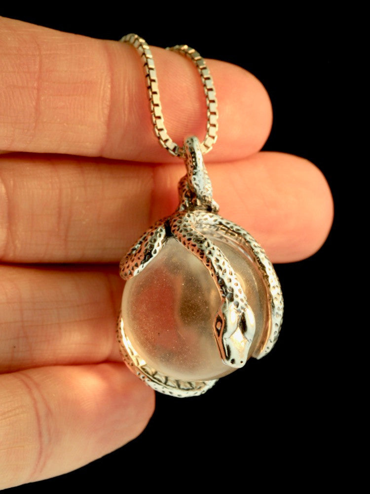 Python Snake Orb Pendant with Clear Quartz - Silver