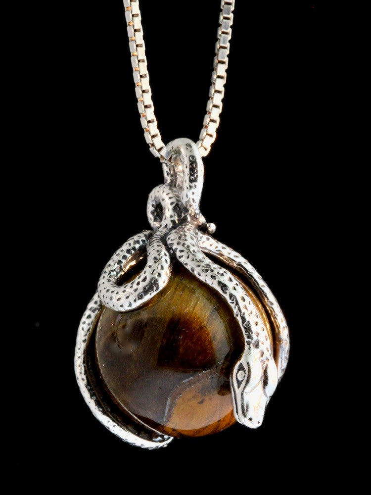 Python Snake Orb Pendant  with Tiger's Eye - Silver