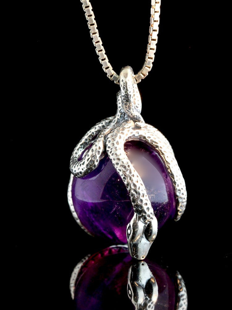 Python Snake Orb Pendant with Amethyst  - Silver