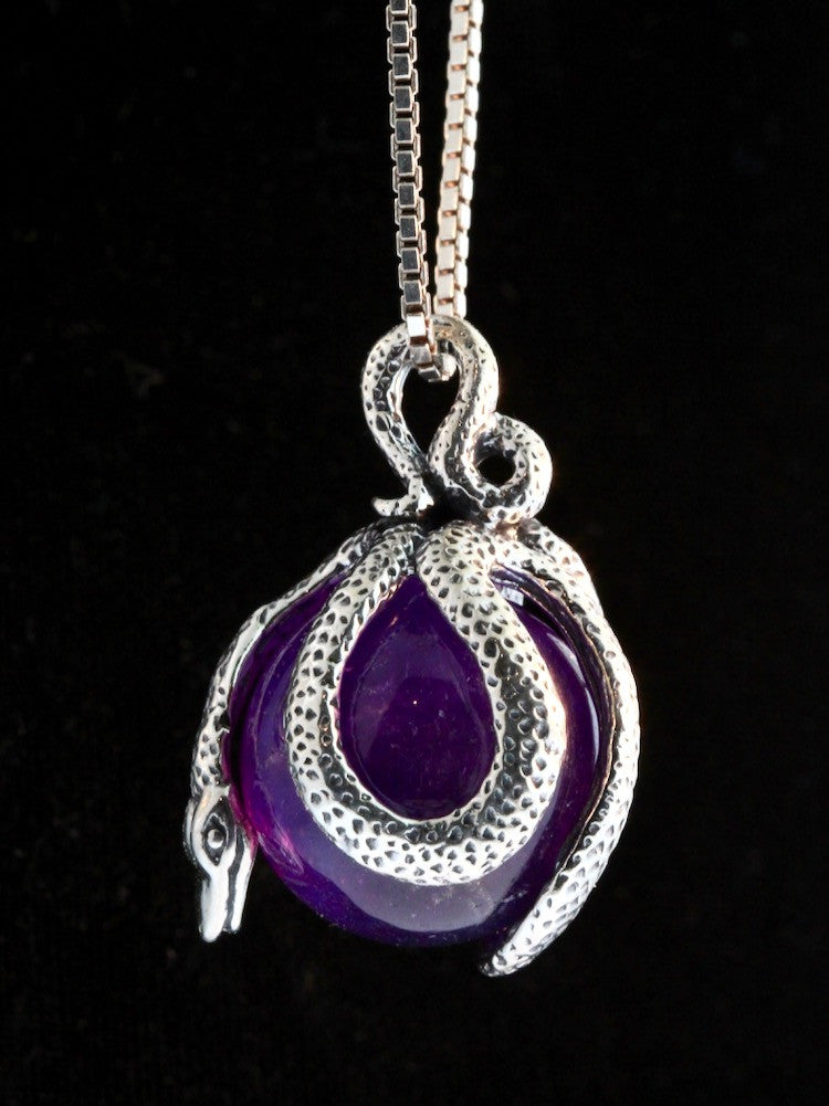 Python Snake Orb Pendant with Amethyst  - Silver