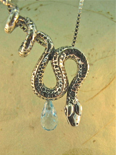 Python Snake Pendant with Blue Topaz Briolette - Sterling Silver