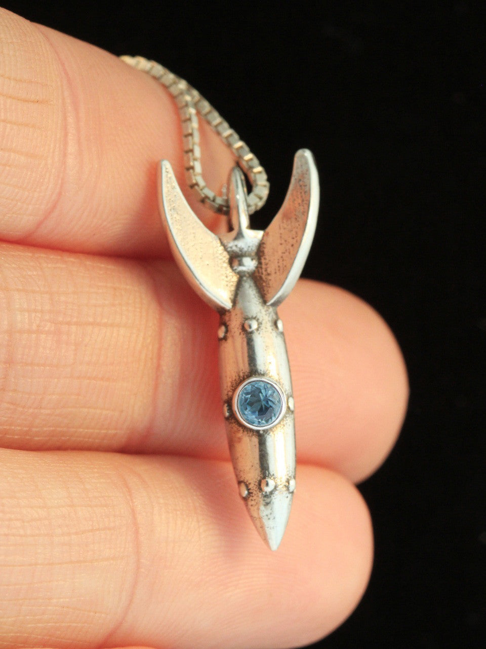 RKT-2 Rocket Charm with blue topaz porthole gems - Silver