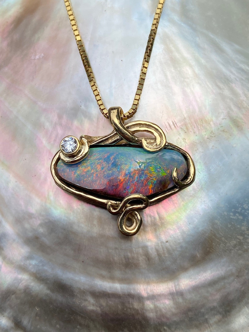 18K Gold, Rainbow Dawn Australian Crystal Opal Pendant with diamond