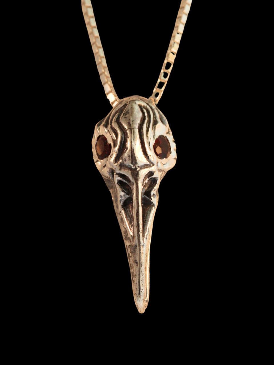 Raven Skull Pendant with Garnet Eyes - Silver