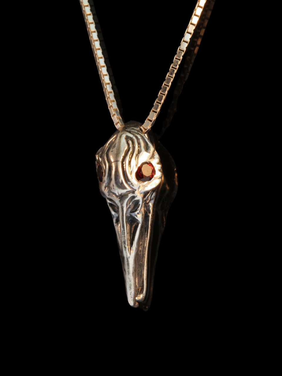 Raven Skull Pendant with Garnet Eyes - Silver