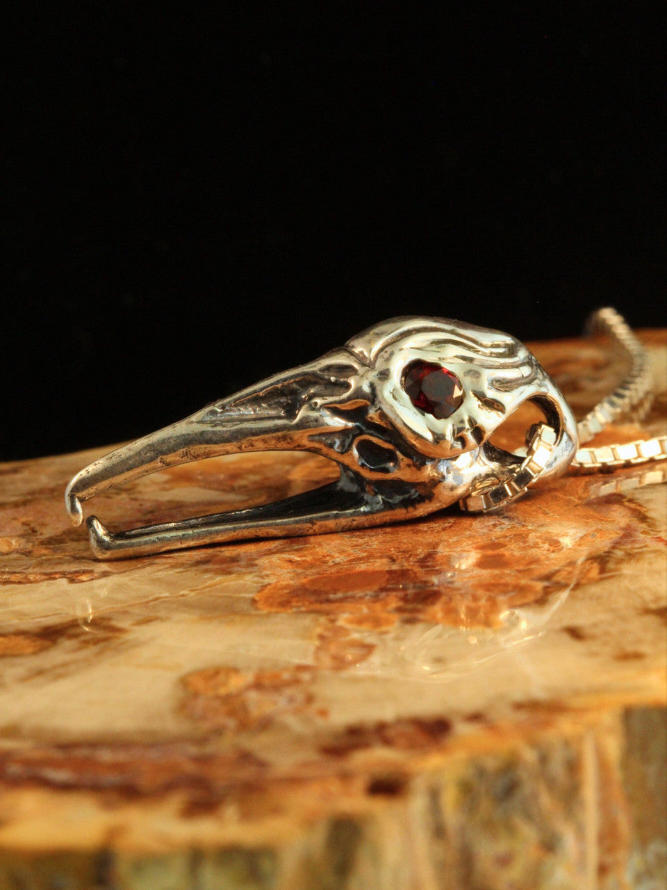 Raven Skull Pendant with Garnet Eyes - Silver