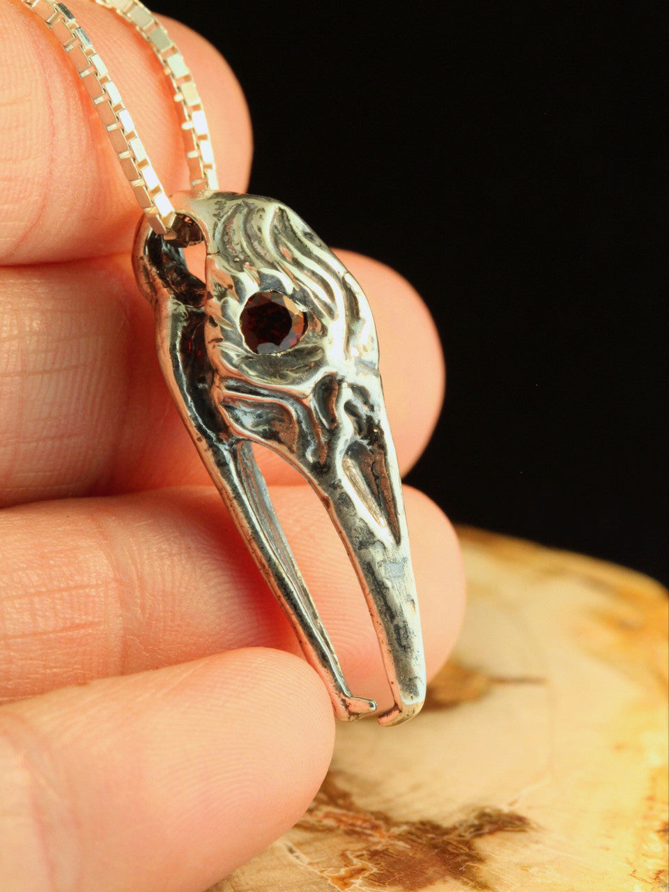 Raven Skull Pendant with Garnet Eyes - Silver