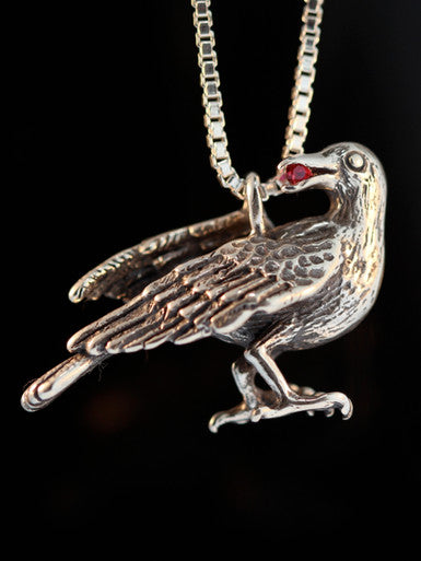 Raven Pendant with Gemstone - Silver