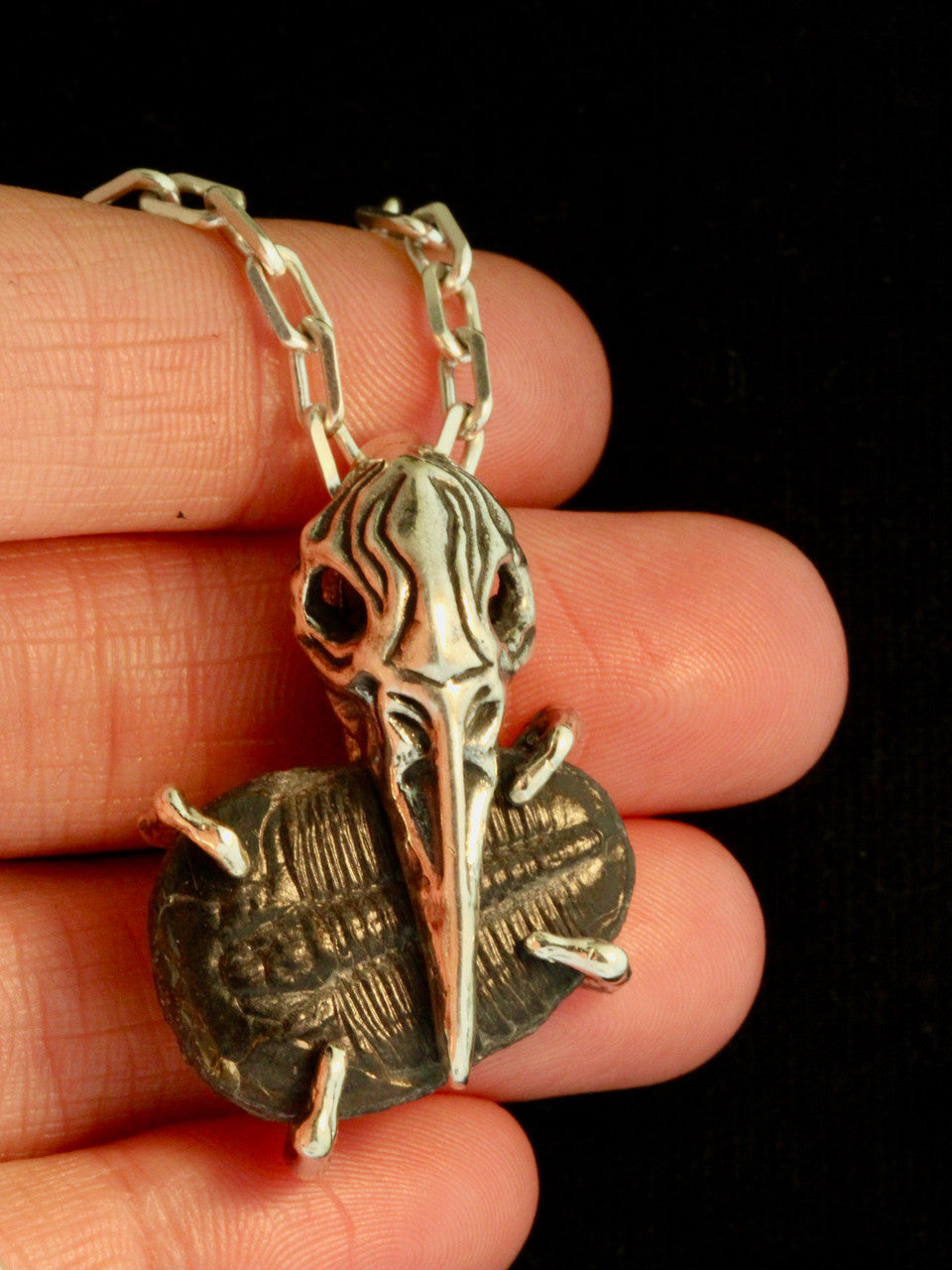 Raven Skull with Trilobite Treasure - Silver