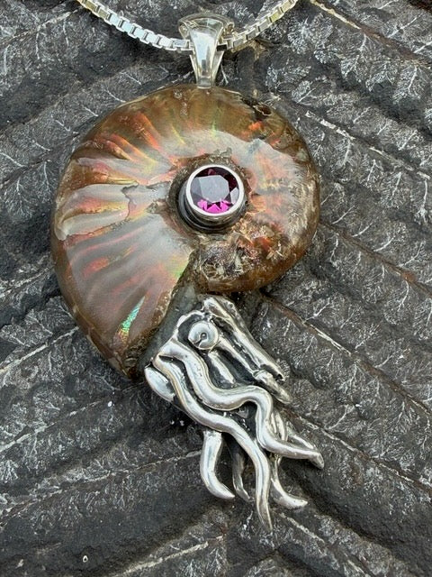 Red Flash Ammonite Nautilus Pendant with 6mm Rhodolite Garnet - Sterling Silver