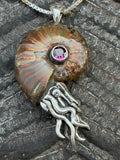 Red Flash Ammonite Nautilus Pendant with 6mm Rhodolite Garnet - Sterling Silver