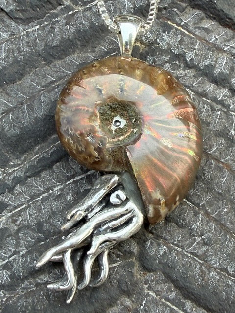 Red Flash Ammonite Nautilus Pendant with 6mm Rhodolite Garnet - Sterling Silver