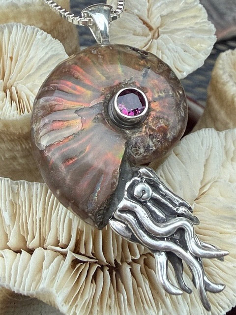 Red Flash Ammonite Nautilus Pendant with 6mm Rhodolite Garnet - Sterling Silver