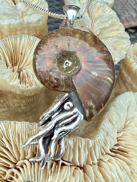 Red Flash Ammonite Nautilus Pendant with 6mm Rhodolite Garnet - Sterling Silver
