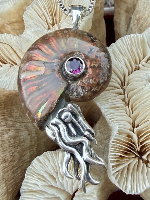 Red Flash Ammonite Nautilus Pendant with 6mm Rhodolite Garnet - Sterling Silver