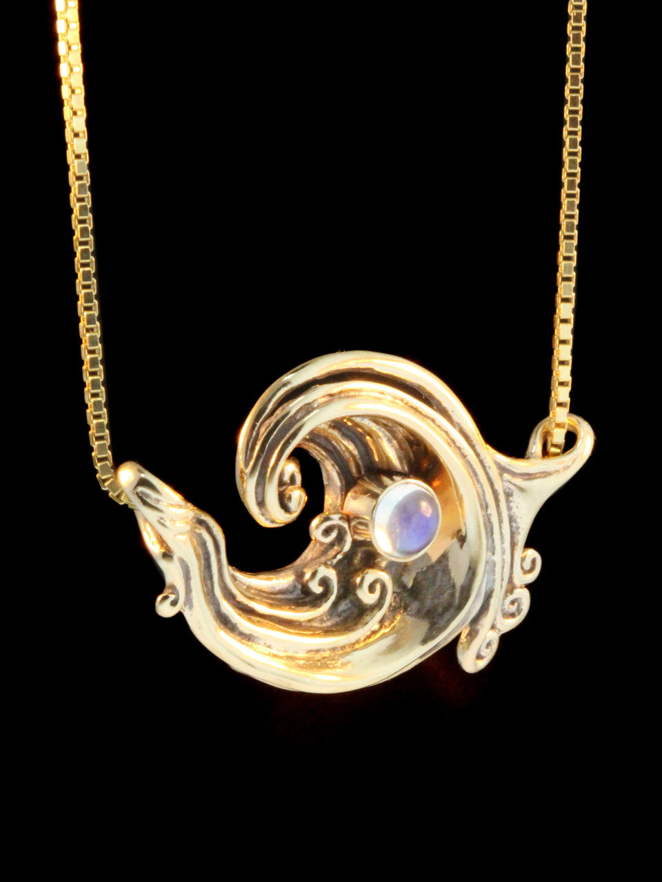 Rip Curl Wave Pendant with Rainbow Moonstone - 14k Gold