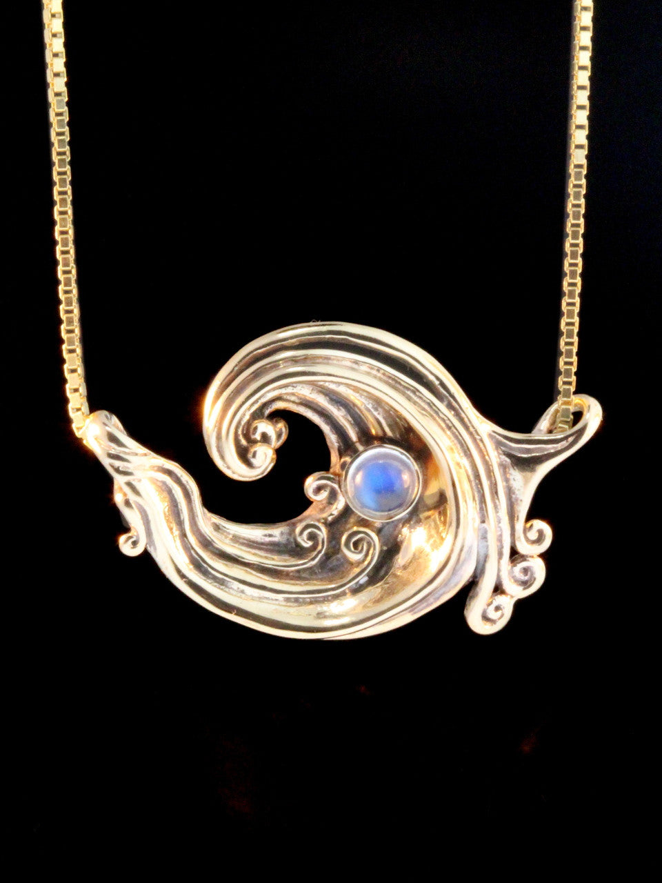 Rip Curl Wave Pendant with Rainbow Moonstone - 14k Gold