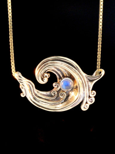 Rip Curl Wave Pendant with Rainbow Moonstone - 14k Gold