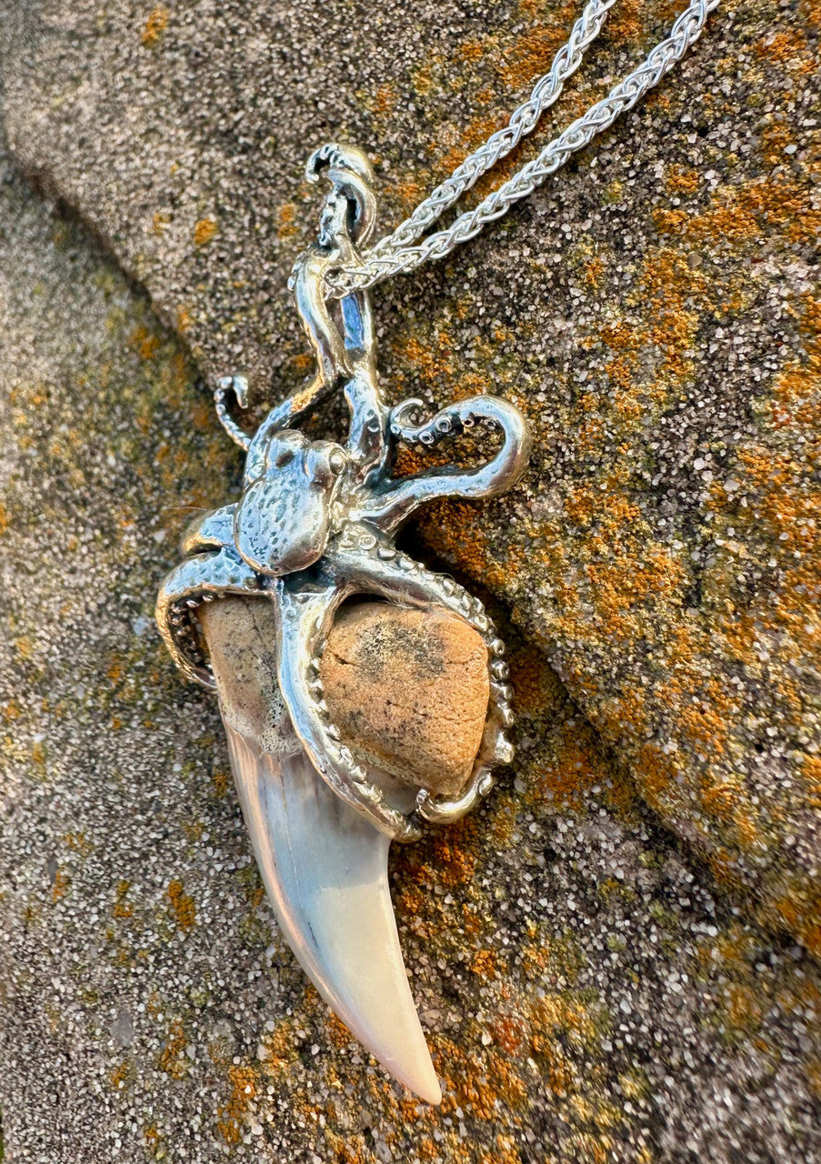Octopus Shark Tooth Pendant - Silver