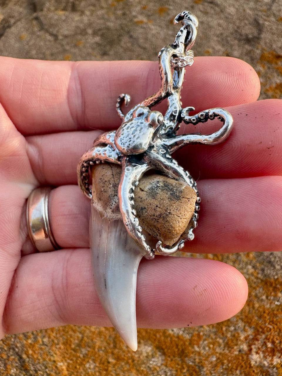Octopus Shark Tooth Pendant - Silver