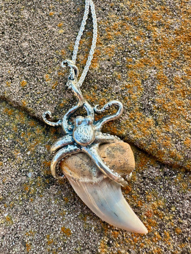 Octopus  Shark Tooth Pendant - Sterling Silver