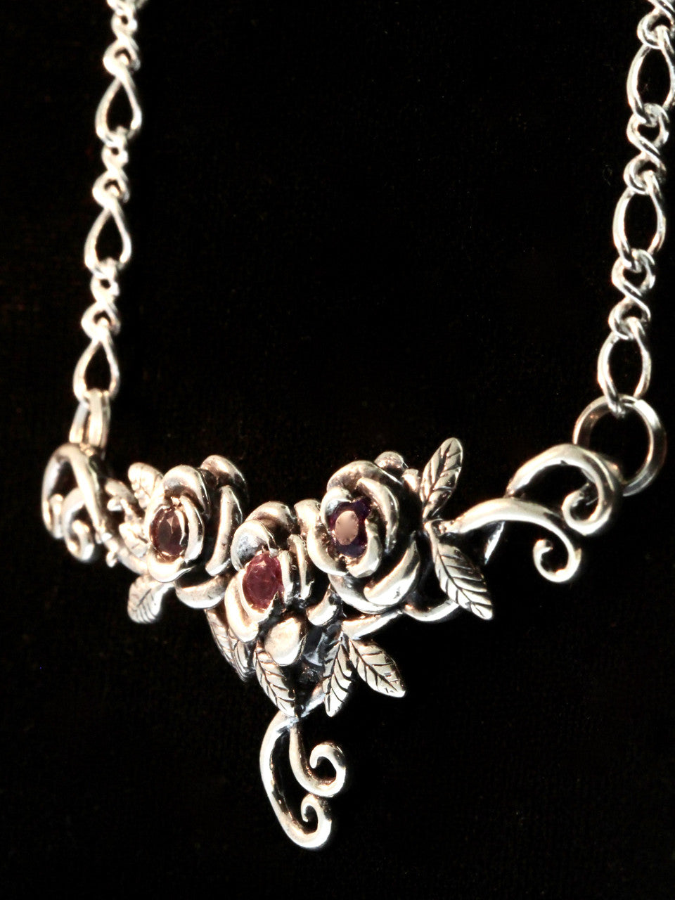 Rose Tendril Pendant with Gemstones - Silver