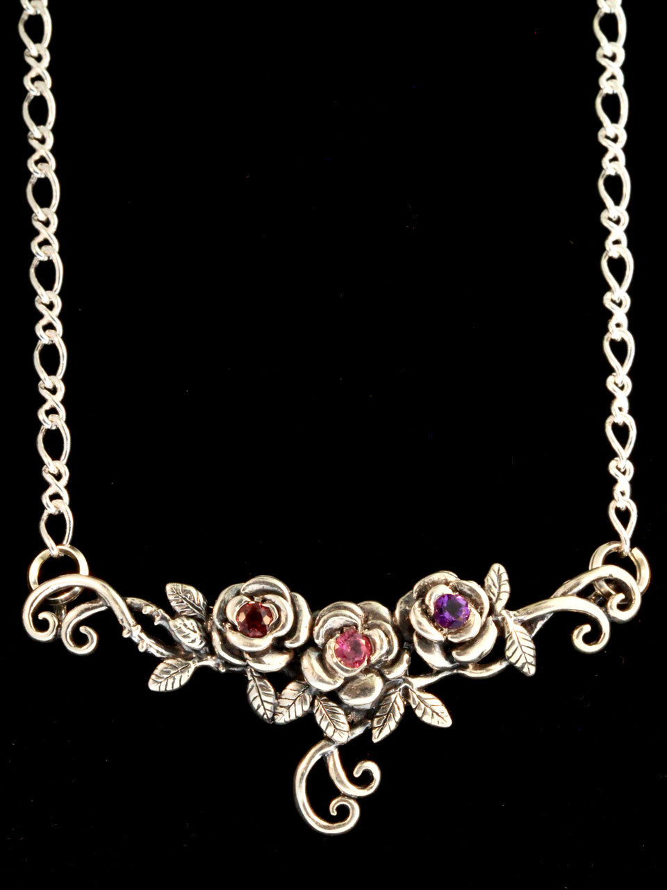 Rose Tendril Pendant with Gemstones - Silver