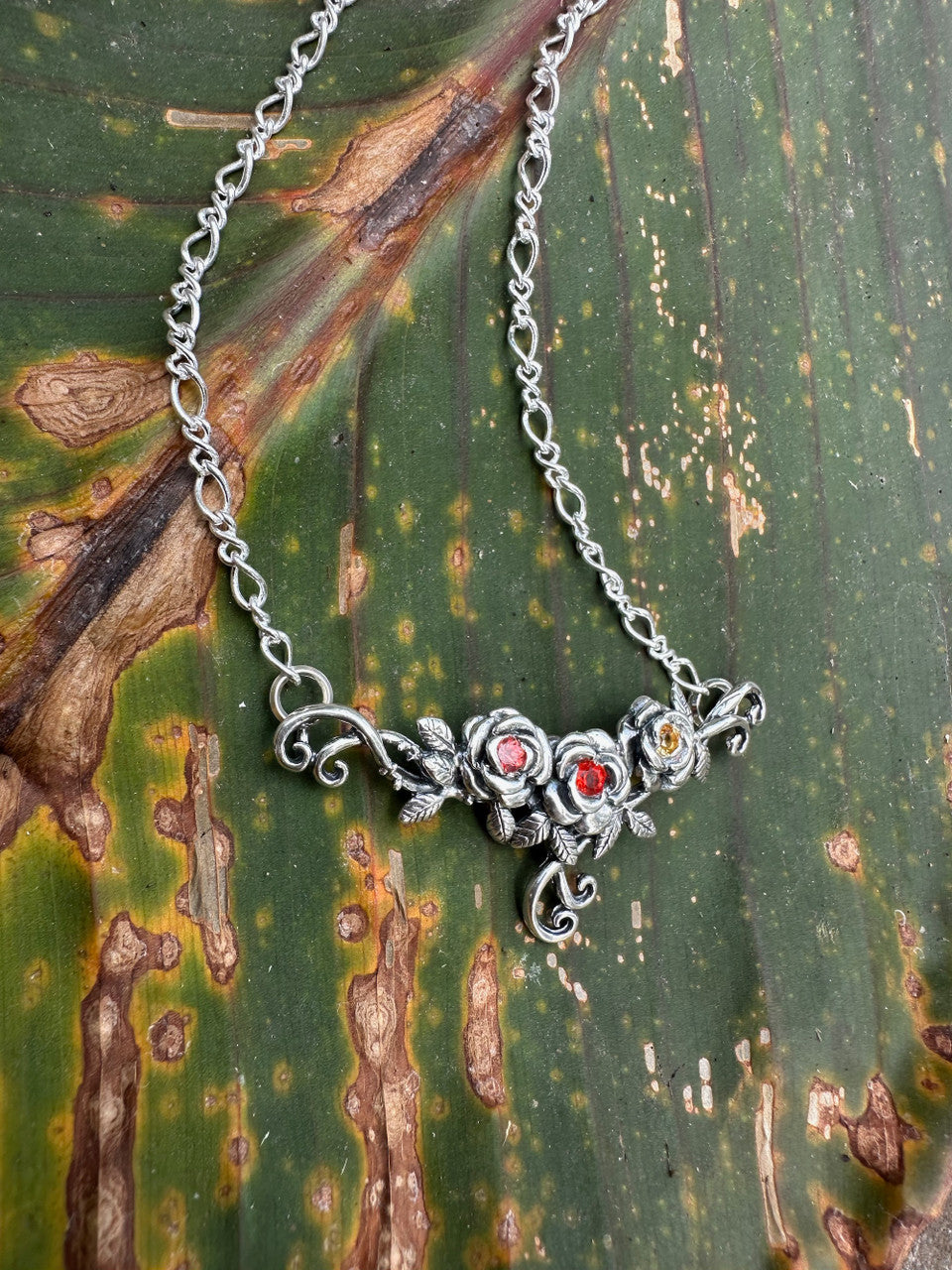 Rose Tendril Pendant with Pink and Yellow Sapphires and Mexican Fire Opal