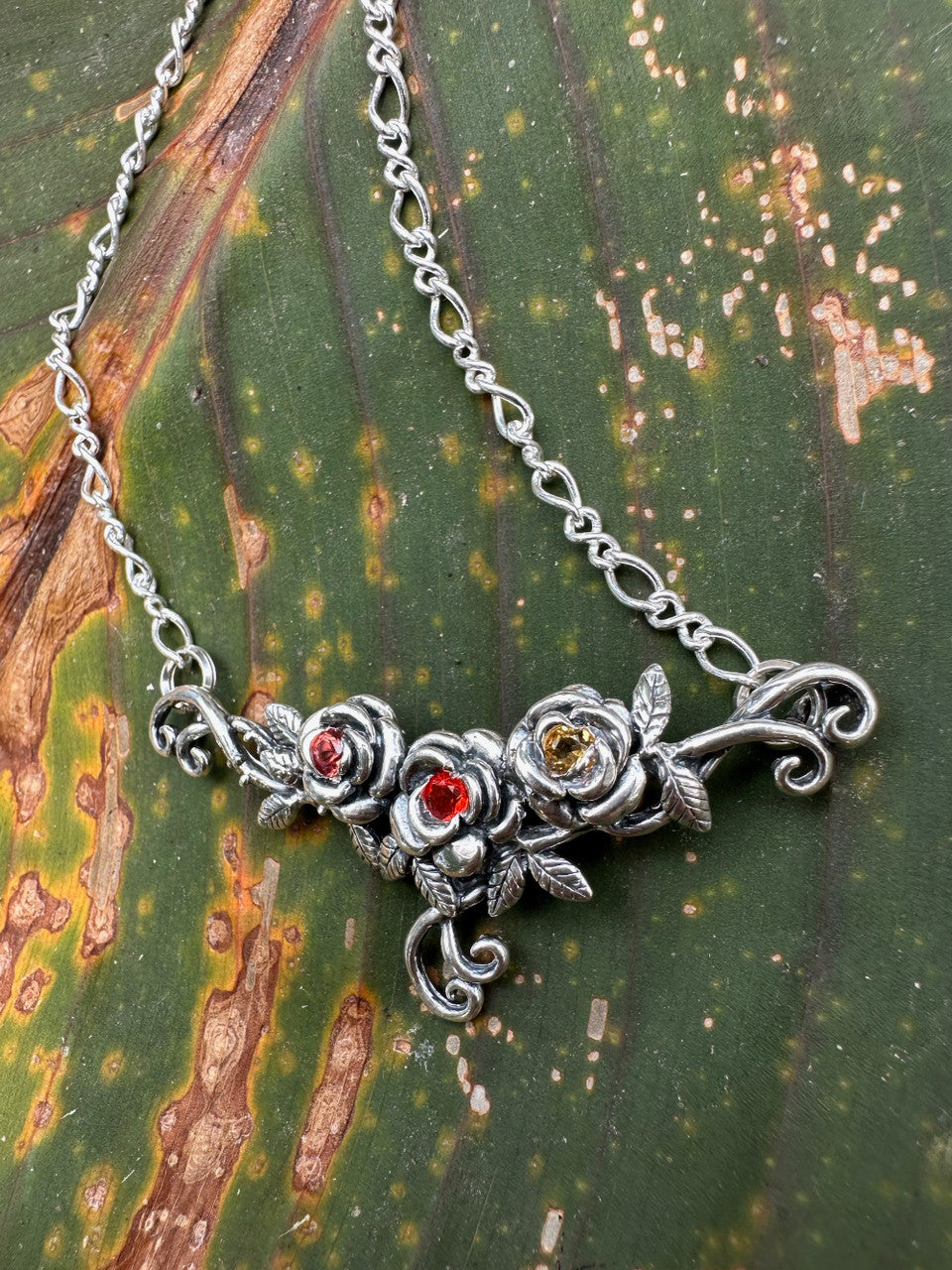 Rose Tendril Pendant with Pink and Yellow Sapphires and Mexican Fire Opal