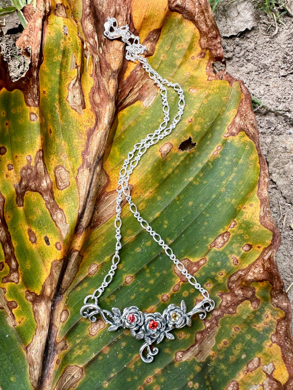 Rose Tendril Pendant with Pink and Yellow Sapphires and Mexican Fire Opal
